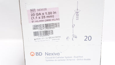 BD 383536 Nexiva Closed IV Cath. System 20Ga x 1.00inch 61mL/min - Box of 20